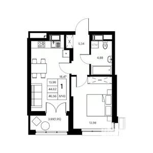 1-к квартира, вторичка, 47м2, 10/21 этаж