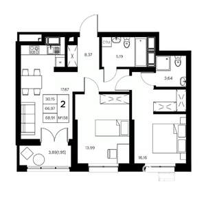 2-к квартира, вторичка, 69м2, 9/21 этаж