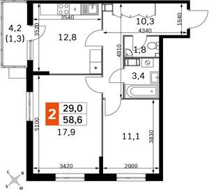 2-к квартира, вторичка, 59м2, 2/22 этаж