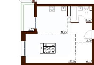 1-к квартира, вторичка, 51м2, 2/19 этаж