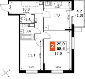 2-к квартира, вторичка, 59м2, 11/22 этаж