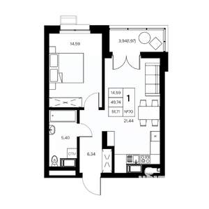 1-к квартира, вторичка, 52м2, 15/21 этаж