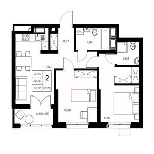2-к квартира, вторичка, 69м2, 7/21 этаж
