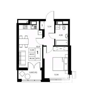 1-к квартира, вторичка, 47м2, 16/21 этаж
