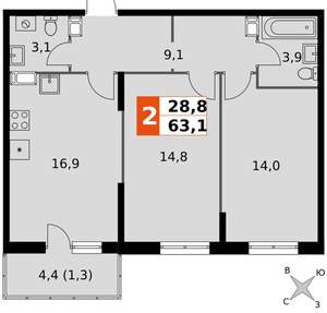 2-к квартира, вторичка, 63м2, 12/24 этаж