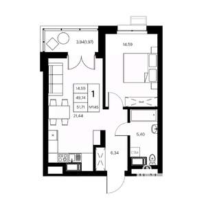 1-к квартира, вторичка, 52м2, 11/21 этаж