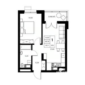 1-к квартира, вторичка, 52м2, 2/21 этаж