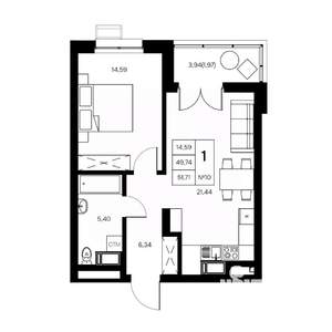 1-к квартира, вторичка, 52м2, 3/21 этаж