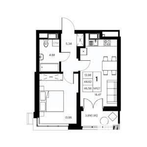 1-к квартира, вторичка, 47м2, 7/21 этаж