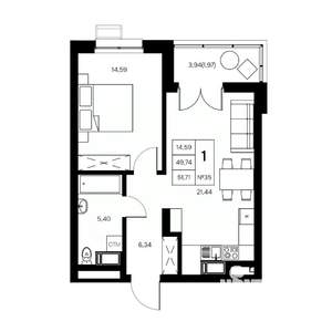 1-к квартира, вторичка, 52м2, 8/21 этаж