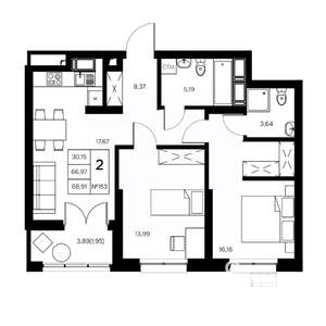 2-к квартира, вторичка, 69м2, 12/21 этаж