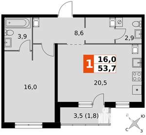 1-к квартира, вторичка, 54м2, 8/24 этаж
