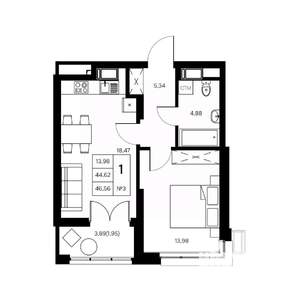 1-к квартира, вторичка, 47м2, 2/21 этаж