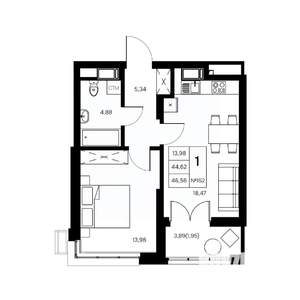 1-к квартира, вторичка, 47м2, 12/21 этаж