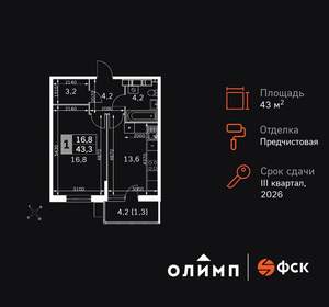 1-к квартира, вторичка, 43м2, 21/22 этаж