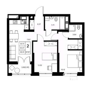 2-к квартира, вторичка, 69м2, 21/21 этаж