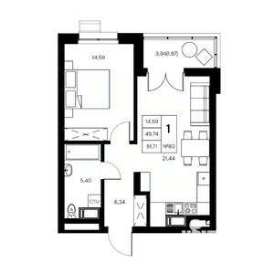1-к квартира, вторичка, 52м2, 17/21 этаж