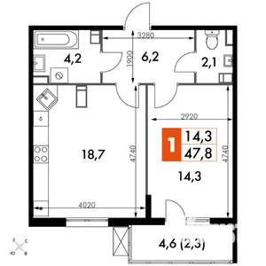 1-к квартира, вторичка, 48м2, 22/22 этаж