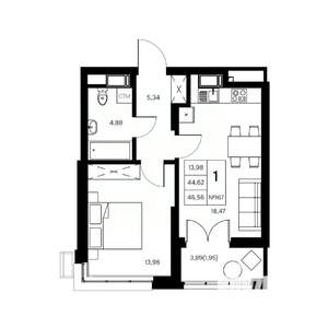 1-к квартира, вторичка, 47м2, 15/21 этаж
