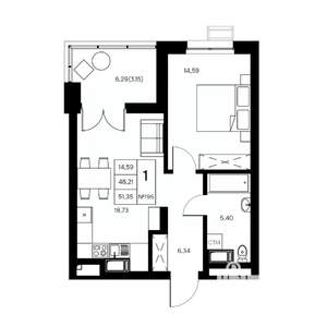 1-к квартира, вторичка, 51м2, 21/21 этаж