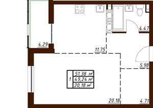1-к квартира, вторичка, 51м2, 19/19 этаж