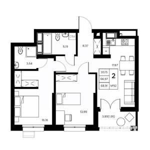 2-к квартира, вторичка, 69м2, 20/21 этаж