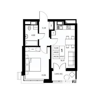 1-к квартира, вторичка, 47м2, 11/21 этаж