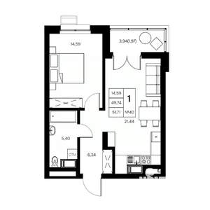 1-к квартира, вторичка, 52м2, 9/21 этаж