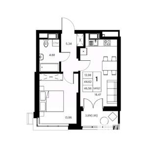 1-к квартира, вторичка, 47м2, 13/21 этаж