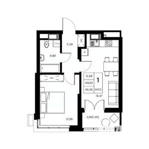 1-к квартира, вторичка, 47м2, 16/21 этаж