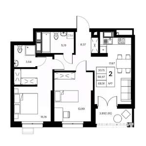2-к квартира, вторичка, 69м2, 3/21 этаж