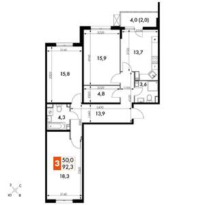 3-к квартира, вторичка, 92м2, 22/22 этаж