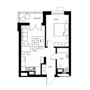 1-к квартира, вторичка, 52м2, 17/21 этаж