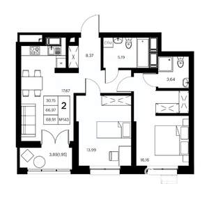 2-к квартира, вторичка, 69м2, 10/21 этаж