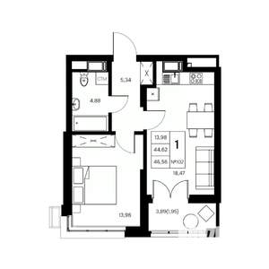1-к квартира, вторичка, 47м2, 2/21 этаж