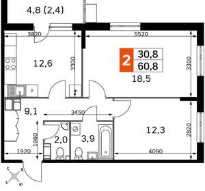2-к квартира, вторичка, 61м2, 22/22 этаж