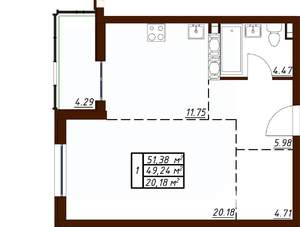 1-к квартира, вторичка, 51м2, 19/19 этаж