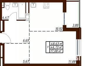 1-к квартира, вторичка, 49м2, 4/19 этаж