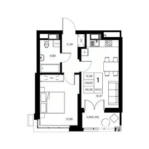 1-к квартира, вторичка, 47м2, 6/21 этаж