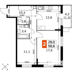 2-к квартира, вторичка, 59м2, 9/22 этаж