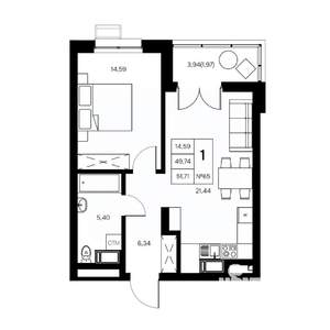 1-к квартира, вторичка, 52м2, 14/21 этаж