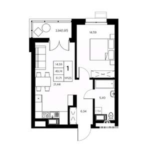 1-к квартира, вторичка, 52м2, 7/21 этаж