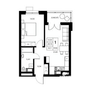 1-к квартира, вторичка, 52м2, 10/21 этаж