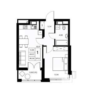 1-к квартира, вторичка, 47м2, 12/21 этаж