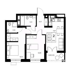 2-к квартира, вторичка, 69м2, 12/21 этаж