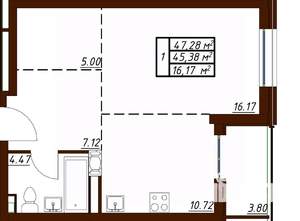 1-к квартира, вторичка, 47м2, 10/19 этаж