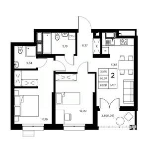2-к квартира, вторичка, 69м2, 5/21 этаж