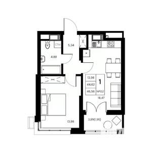 1-к квартира, вторичка, 47м2, 8/21 этаж