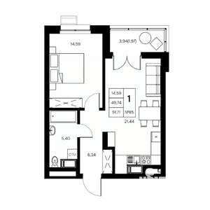 1-к квартира, вторичка, 52м2, 18/21 этаж